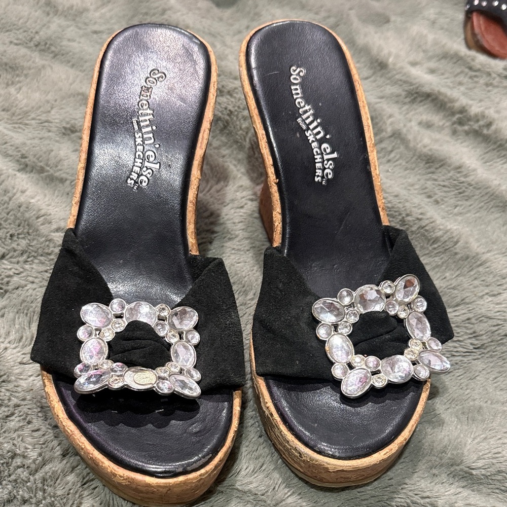 Something Else Black Crystal Embellished Wedge Sandals